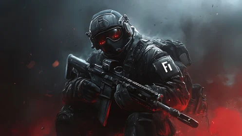 Tactical operator in red fog with high-spec combat gear.
