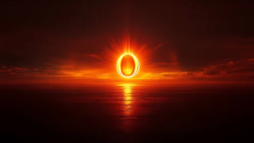 Fiery solar ring rises over dark oceanic horizon at dusk