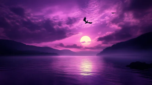 Purple dusk sun over calm lake with silhouetted birds and hills.
