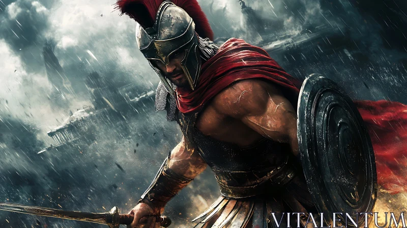 Armored Spartan warrior charges through stormy battlefield