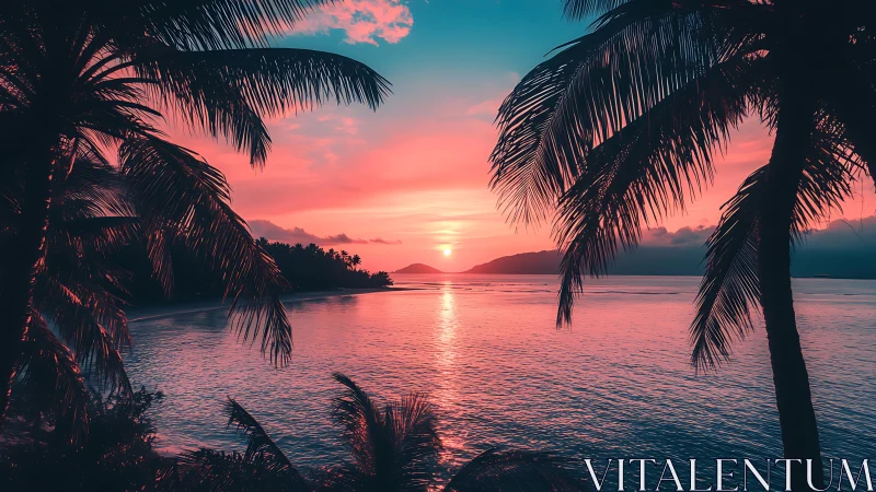 Coastal palm silhouettes against stylized sunset horizon.