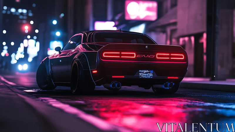 Midnight muscle car cruising through neon city glow.