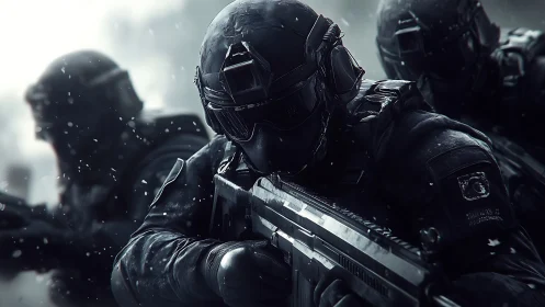 Tactical soldiers advance with rifles in snowy low light