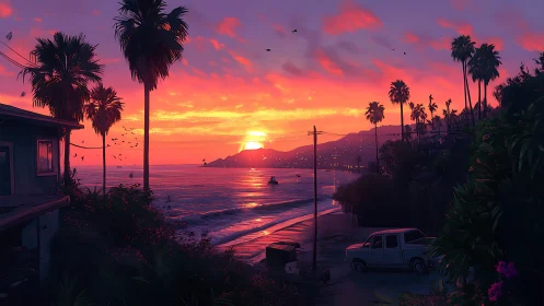 Digital painting coastal sunset with silhouetted palm trees.