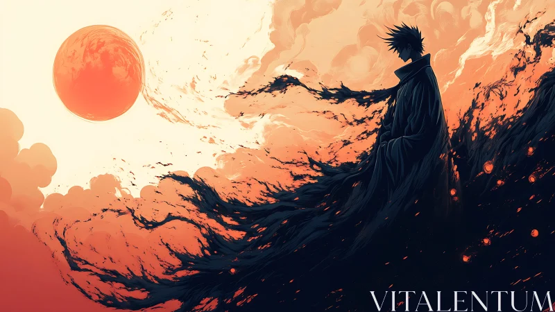 Solitary dark mage dissolves into fiery cosmic storm