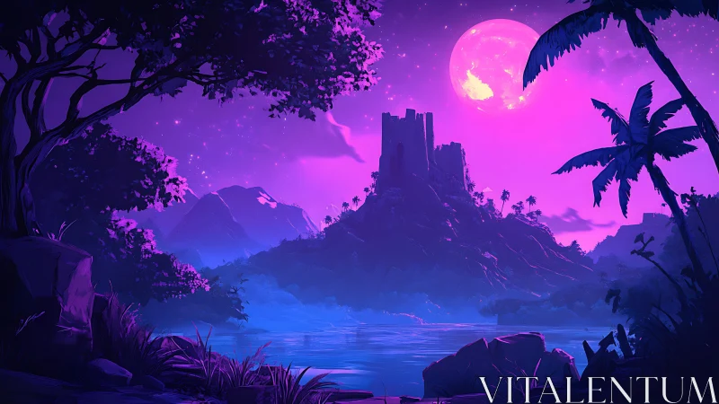 Enchanted Night: A Mystical Kingdom Awakens Under Pink Moonlight