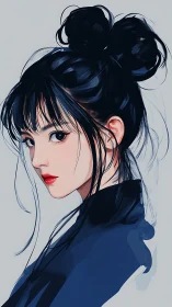 Stylized portrait of woman with dark updo and red lips.