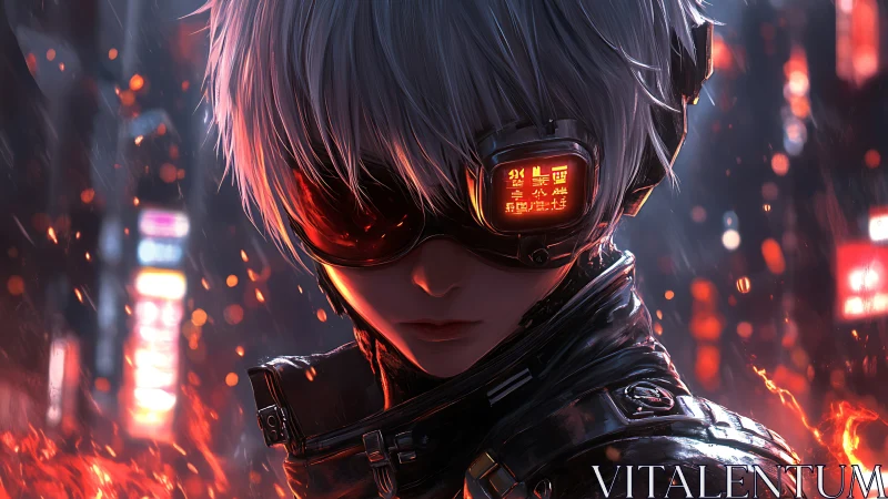 Neon-eyed cyber rogue stalks embers of a burning city.