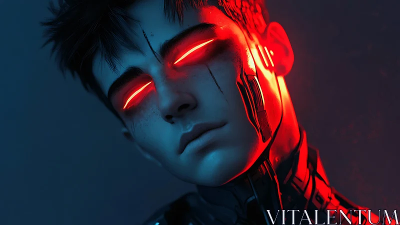 Cybernetic youth portrait with red illuminated eye slits.