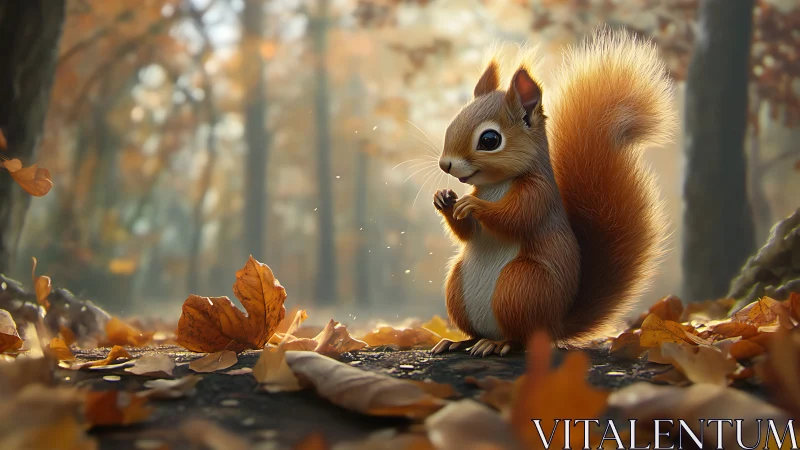 Curious red squirrel pauses in a softly glowing autumn forest