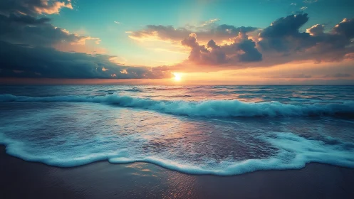 Low-angle coastal seascape shows dynamic waves under saturated sunset