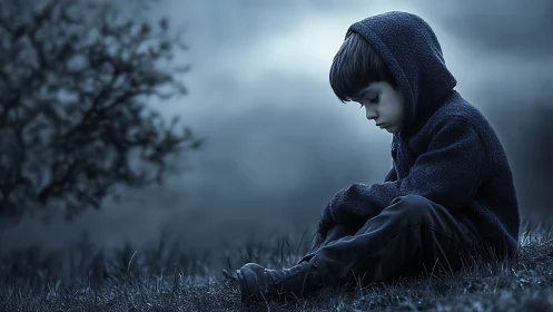 Melancholic boy in hoodie sitting alone on grass under cool blue light