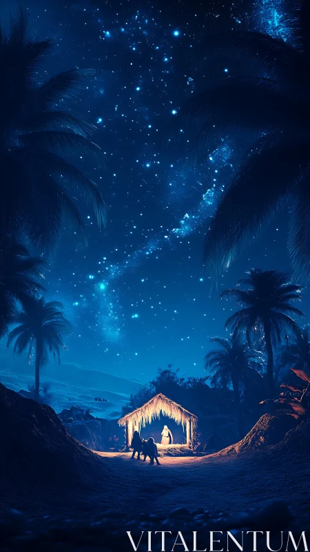 Silent nativity shelter glows beneath a vast, starry desert sky