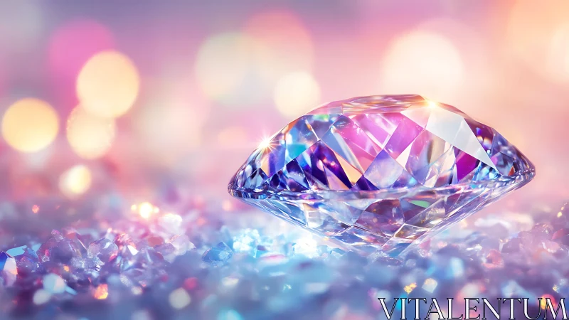 Faceted gemstone on glittering surface with bokeh lights.