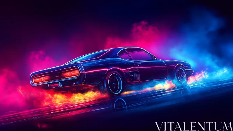 Retro muscle car in neon vaporwave drift with colored smoke trails.