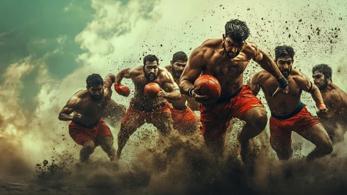 Multiple male athletes with boxing gloves running through dust.