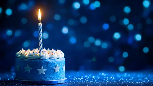 Blue Birthday Cake with Lit Candle Against Glowing Bokeh.