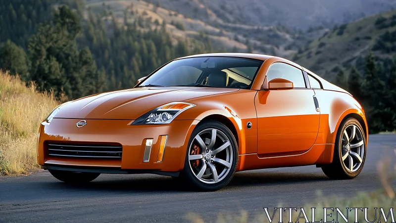 Photorealistic orange sports coupe on mountain road at dusk.