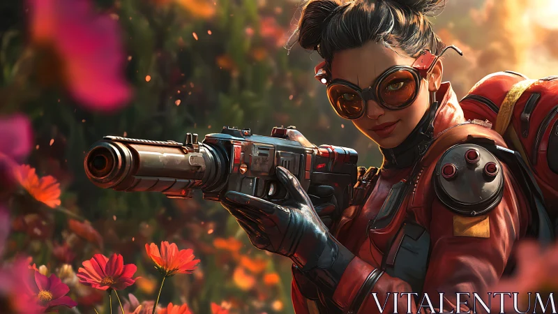 Blaster botanist guarding a neon wildflower battlefield.