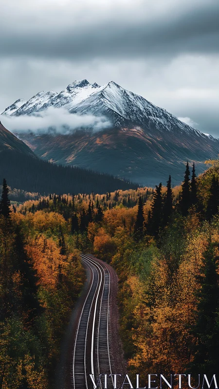 Curving railway through autumn forest below snowy peaks.