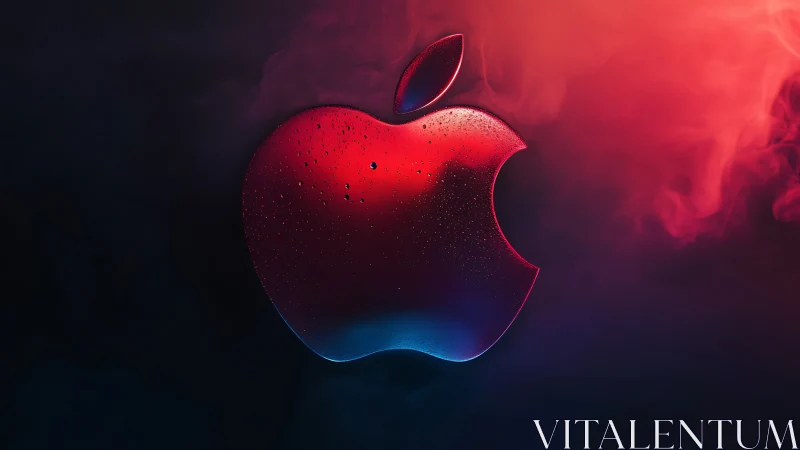 Luminous apple icon glows through red mist and cool shadow