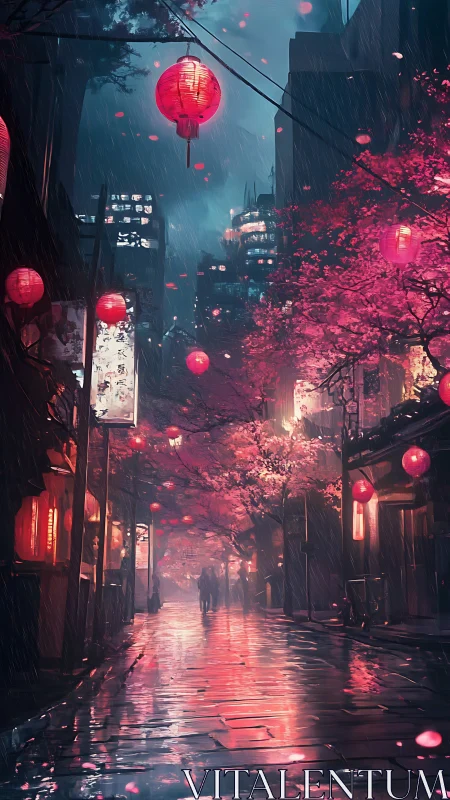 Rainy neon street with lanterns and cherry blossoms at night.
