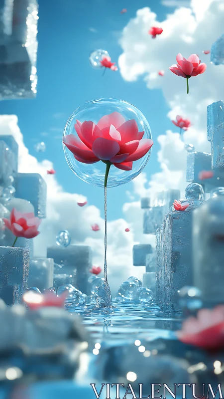 Pink lotus flower floats in crystal sphere above water