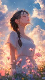 Serene young woman basks in glowing sunset flower meadow