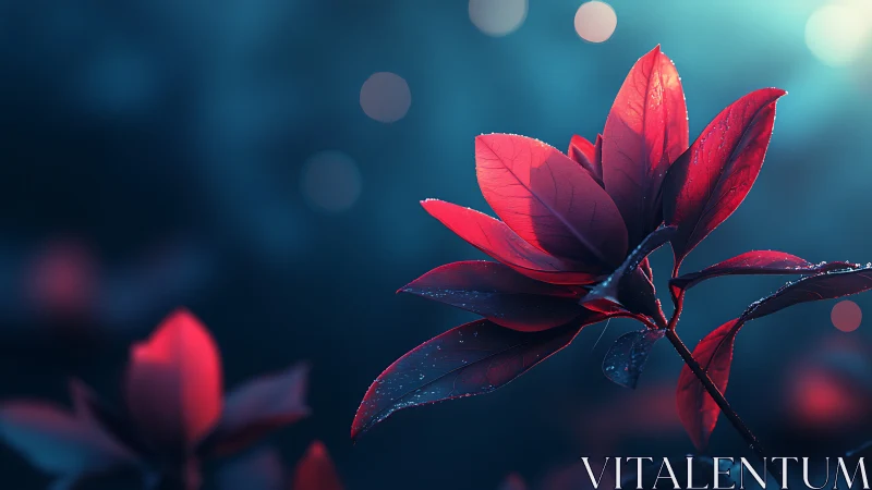 Red Magnolia Blossoms with Water Droplets Against Teal Background.