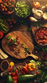Overhead composition of fresh vegetables and cutting boards.