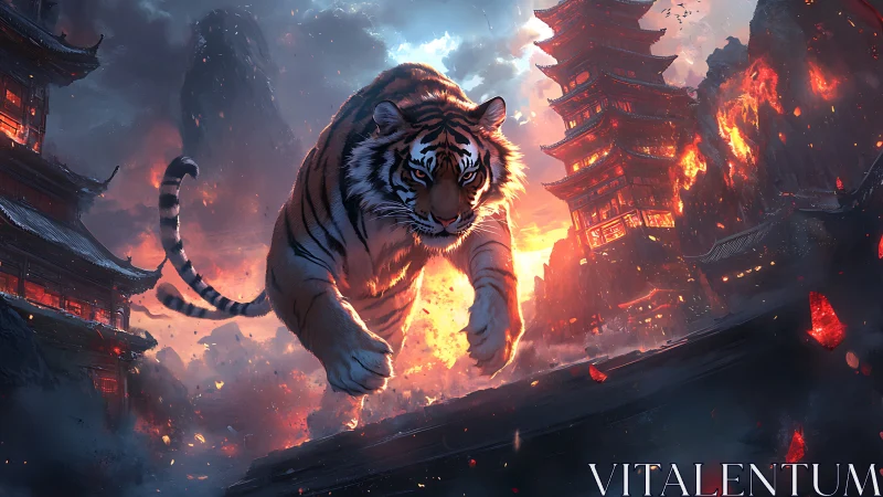 Tiger charges through burning temples under storm sky.