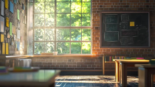 Sunlit brick classroom interior with large grid window and chalkboard