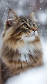 Long-haired Tabby Cat Portrait in Snowy Winter Scene