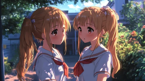 Sunlit twin schoolgirls sharing a quiet garden moment together.