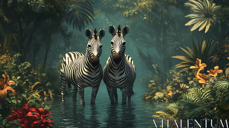 Two zebras stand in lush tropical river jungle clearing.