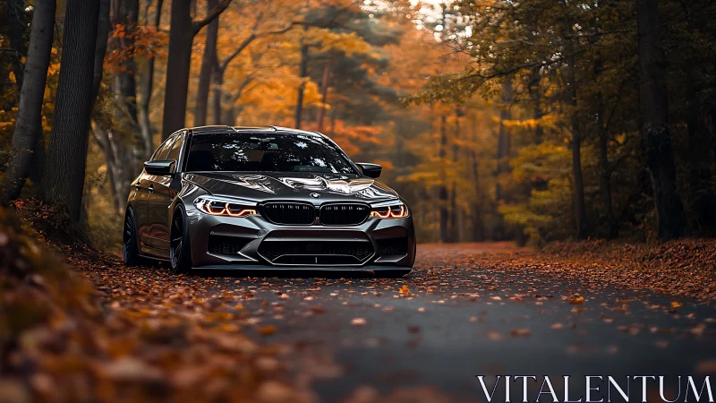 Low-angle sports sedan in shallow-depth autumn forest roadway