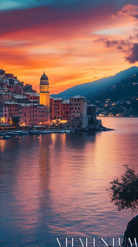Sunset paints a coastal Italian village in glowing pastels