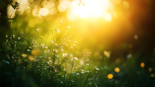 Wildflower whispers in liquid gold evening sunlight glow.