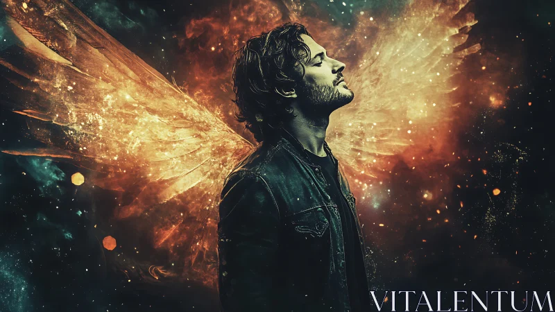 Stargazing angel in a leather jacket wrapped in cosmic glow.