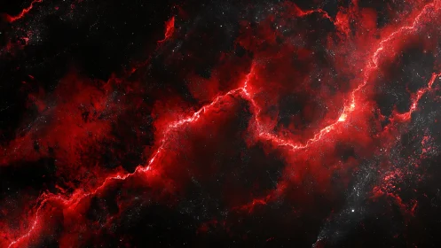 Red nebula cloud with bright electric rift in deep space.