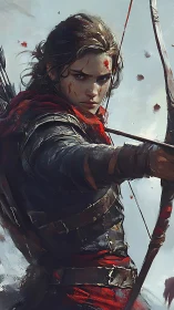 Armored archer drawing bow with red cloak in battle scene.