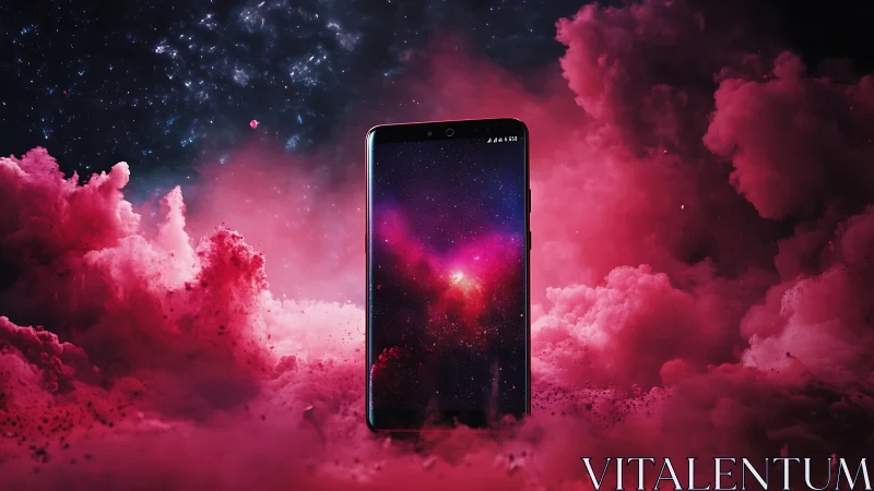 Smartphone Surrounded by Cosmic Pink Clouds and Stars.