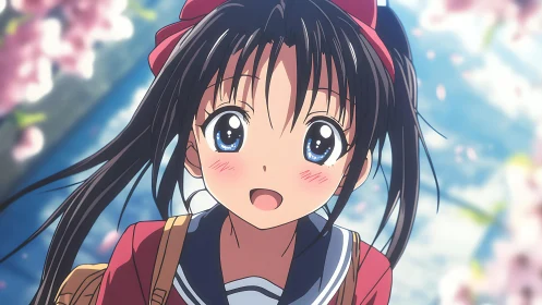 Smiling anime schoolgirl under soft spring blossoms background.