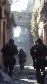 Soldiers patrol narrow urban alley in soft morning light.