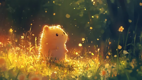 Sunlit meadow hamster soaking in golden forest wonder.