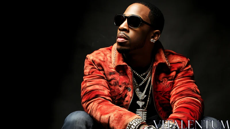 Stylish hip-hop artist poses in bold red jacket and chains.