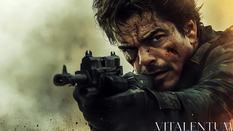 Battle-hardened soldier aims rifle amid dense cinematic smoke