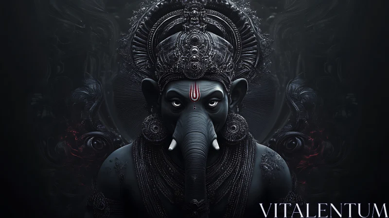 Monochrome 3D Ganesh bust with ornate crown and dark aura