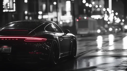 Sleek sports car glowing softly on a rainy city street.