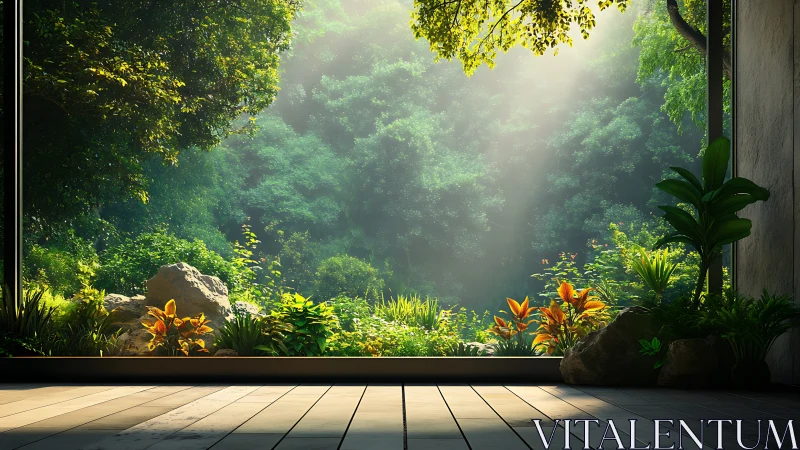 Sunlit jungle terrace dissolving walls between home, wild.